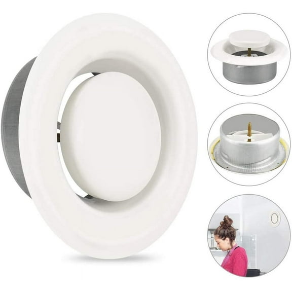 BUZIFU Round Ceiling Vent Adjustable Air Valve Grill Ventilation Ducting Hose Cover Bathroom Wall Vent Cover Metal Extractor Fans Grille for Bathroom Office Kitchen, White (100mm 4" Dia)
