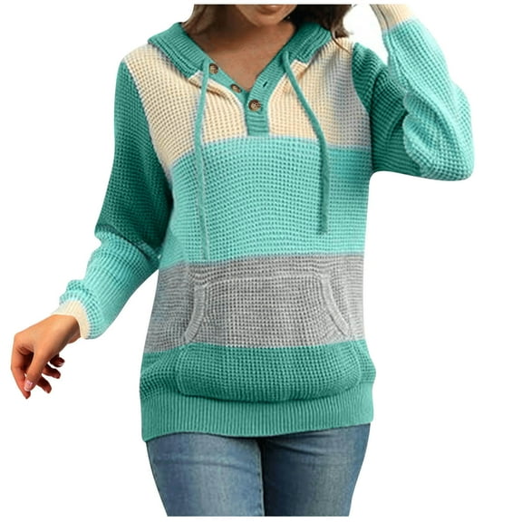 safuny Women Fall Hoodies Sweater Knit Button V Neck Tops Oversized Fashion Pullover Casual Long Sleeve Hooded with Pockets Light Blue _e L