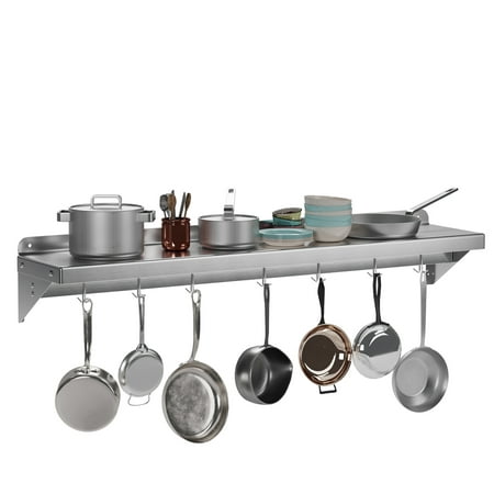

SAINSPEED Metal Multifunctional Storage Rack with Backplash for Kitchen [NSF Certified] 12 x 60 Stainless Steel Wall Mount Shelf with 7 Hooks for Hanging Pots Pans cookware in Home and Restaurant