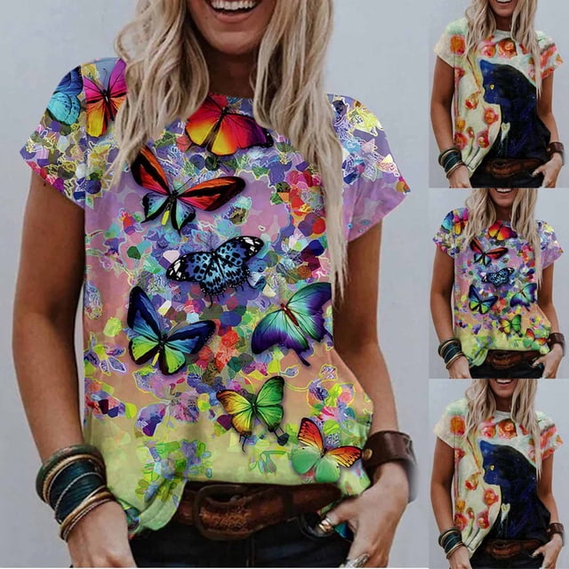 CHOK Vêtements pour Femmes Liquidation Mode Femme Blouse à Col Rond Imprimé Manches Courtes T-Shirt Hauts d'Été