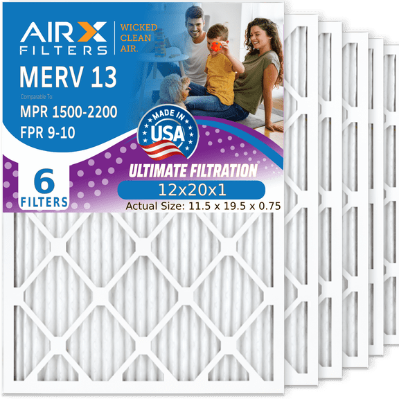 12x20x1 Air Filter MERV 13 Comparable to MPR 1500 - 2200 & FPR 9 Electrostatic Pleated Air Conditioner Filter 6 Pack HVAC AC Premium USA Made 12x20x1 Furnace Filters by AIRX FILTERS WICKED CLEAN AIR.