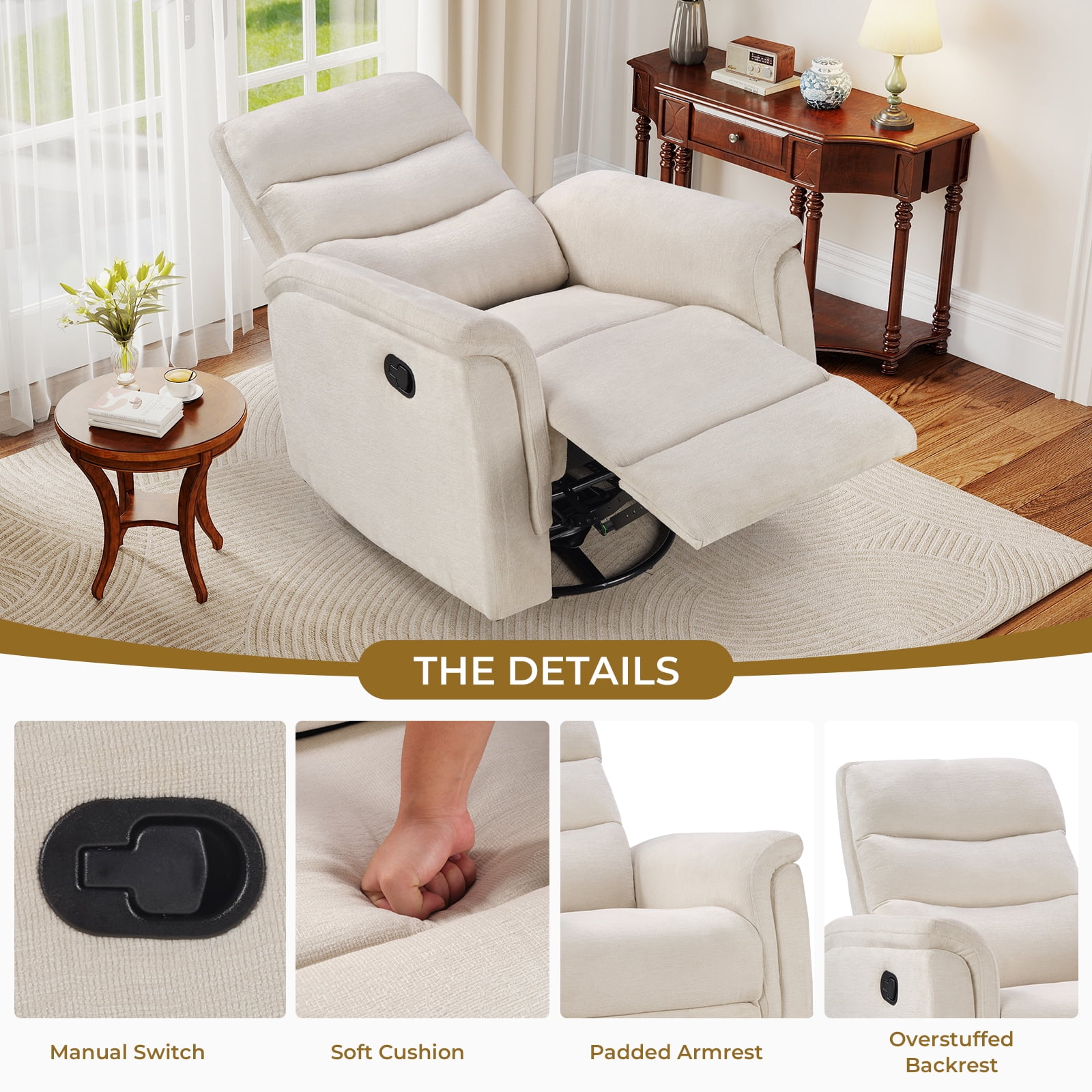 Ebello Manual Fabric Swivel Rocker Recliner, Silent Nursery Glider Chair with Soft Armrests & Backrest for Bedroom Apartment Living Room, Beige