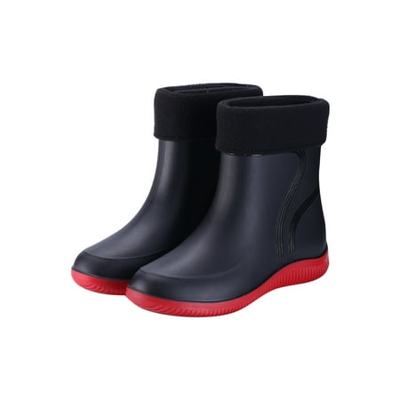 

Eloshman Mens Lightweight Waterproof Garden Shoes Working Comfort Round Toe Work Shoe Casual Slip On Rain Boots Red (Women with Plush Lining) 5.5