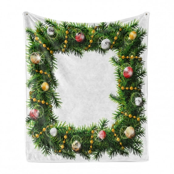 Christmas Soft Flannel Fleece Throw Blanket, Square Wreath with Beads and Balls in Winter Season Holiday Celebration Print, Cozy Plush for Indoor and Outdoor Use, 70" x 90", Multicolor, by Ambesonne