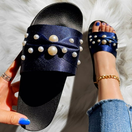 

Fashion Spring And Summer Women Slippers Flat Bottom Large Size Pearl Beach Shoes
