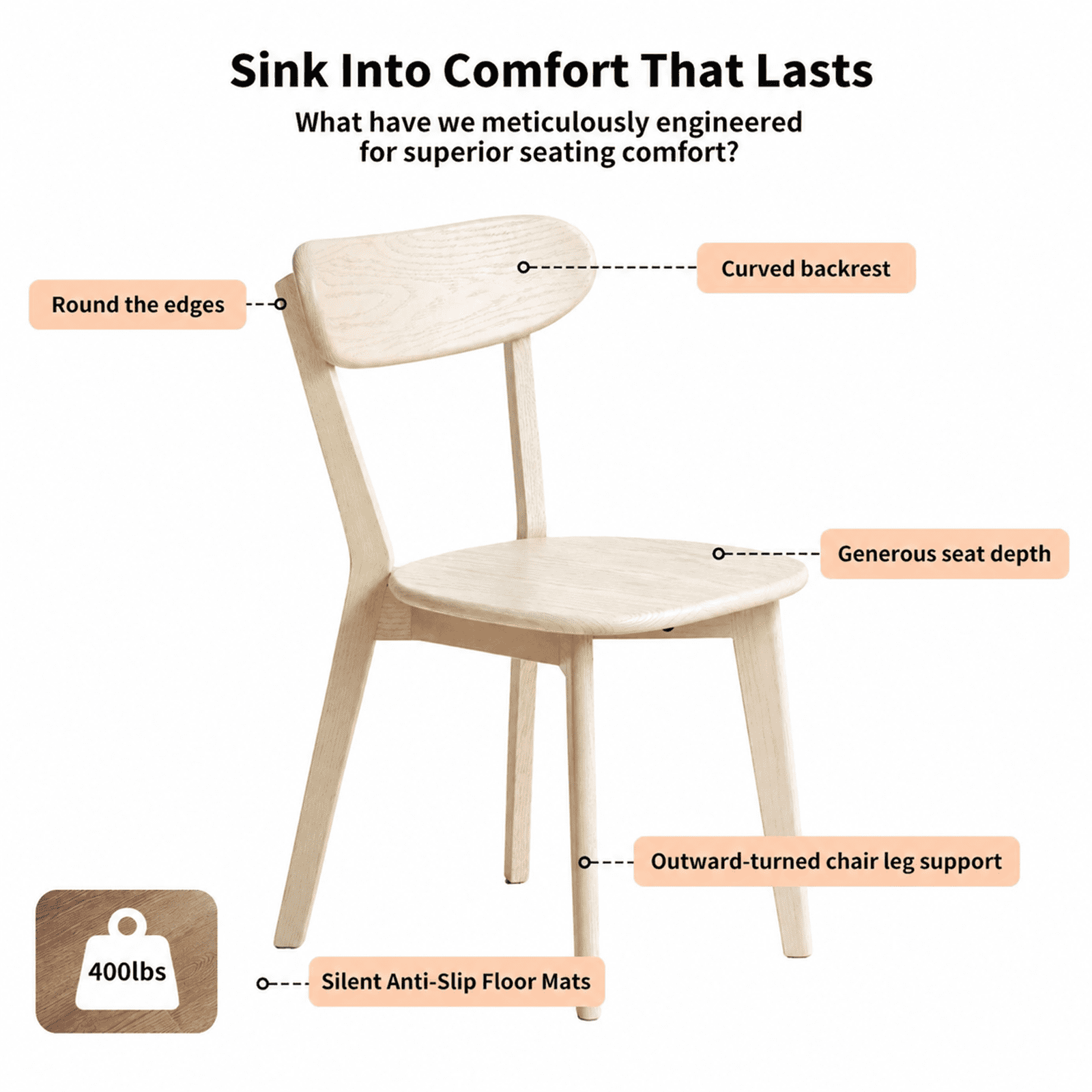 White Solid Wood Dining Chair,FAS Grade Oak Dining Chair Single,Sturdy Curved Backrest & Outer Sword-Leg Design in Cream White Finish for Dining Room,Cafe, and Modern Home Kitchen,400 lb Capacity