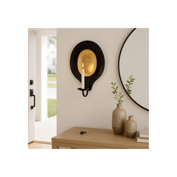 Decorative Round Wall Candle Sconce for Entryway Decor - Contemporary Metal Votive or Pillar Wall Candle Holder for Home Decor - Versatile Hanging Wall Candle Scones or Wall Art - 15", Black & Gold