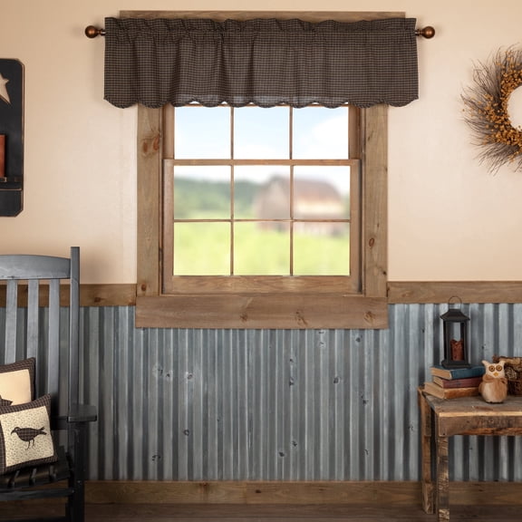 VHC Brands Kettle Grove Window Curtain, Plaid Valance Scalloped, Black, 16x60
