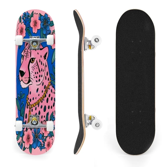 31"x8" Pink Leopard Complete Skateboards for Beginners, Double Kick 7 Ply Maple Deck Cherry Blossoms floral frame Skateboard with Wheels, Gifts for Kids Teens