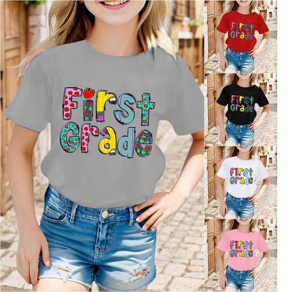 Trendfront Girls First Grade Letter Print Shirt School Theme Tee Crewneck Short Sleeve Summer Casual T-Shirt Academic Style Tops