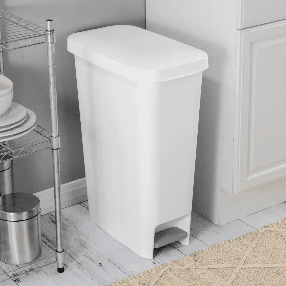 11 Gallon Slim Step Trash Can White, Pedal-Operated Hands-Free Kitchen Garbage Bin, Textured Plastic Wastebasket for Narrow Spaces, Stay-Open Lid, Easy Clean