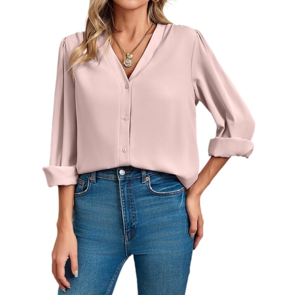 Long Sleeved Spring Fall Women's Chiffon V-Neck Button-Up Casual Pure Color Blouse for Business