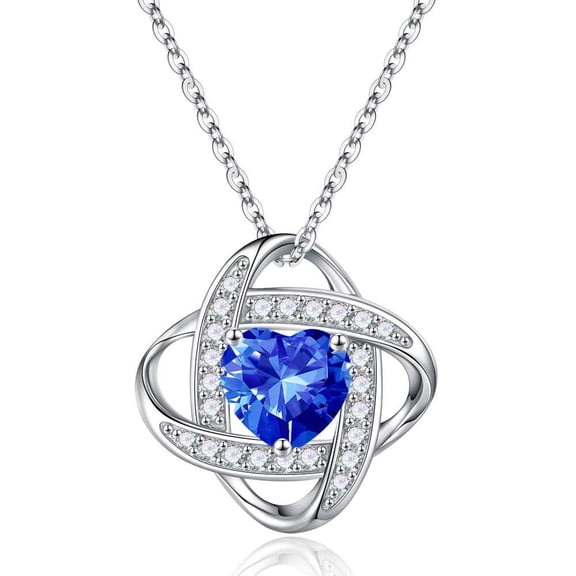 Love Knot Birthstone Necklace for Women, 925 Sterling Silver Love Knot Heart Birthstone Necklace Jewelry Natural or Created Gemstone Valentines Day Birthday Gifts for Her Mom Wife Girlfriend,