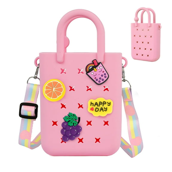 Mini Rubber Tote Bag, EVA Waterproof Beach Tote for Little Girls And Woman, Silicone Hole Small Beach Tote for Travel Outdoor, Cute Rubber Beach Bag with 20 Charms & Adjustable Shoulder Strap