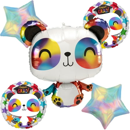 Veil Entertainment Congrats Grad Panda Iridescent 5pc Graduation Balloons, Multi-Colored