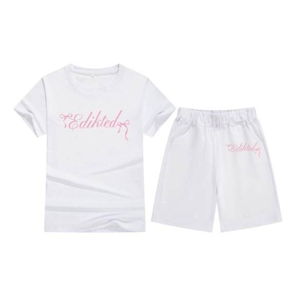 Little Girls Summer Outfit Short Sleeve Bow Print Candy Color Comfy Children'S Round Neck T Shirt Clothing Sets Size 6-7T
