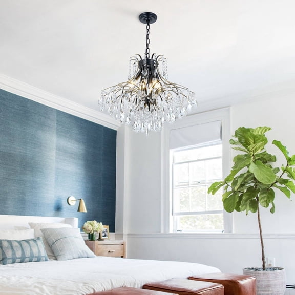 KPIBEST Chandeliers for Dining Room - 23.6" Modern Black Crystal Chandelier, Vintage Round Tree Branch Raindrop Chandelier, Farmhouse Foyer Chandeliers for Entryway, Living Room,Bedrooms