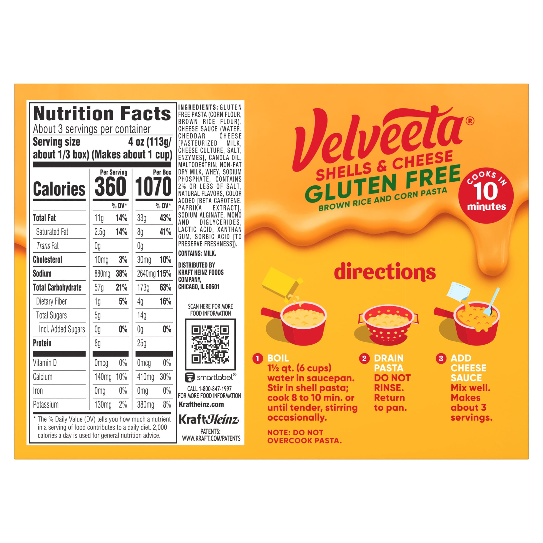 (3 pack) Velveeta Gluten Free Shells and Cheese Mac and Cheese, Brown Rice and Corn Pasta, 1 Box, for Easy Dinner or Dinner Sides, Original Flavor, Made with Real Cheese, 12 oz