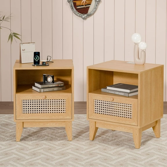 Nightstands Set of 2, Night Stands for Bedrooms Set of 2, Night Stand with Charger Station, Rattan Nightstand, Bedside Table, End Table, for Bedroom