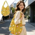 thumbnail image 2 of Woven Mesh Tote Bag, Crochet Shoulder Bag Knitted Handbag with Colorful Floral Embellishments for Beach Vacation Daily Use,Yellow, 2 of 6