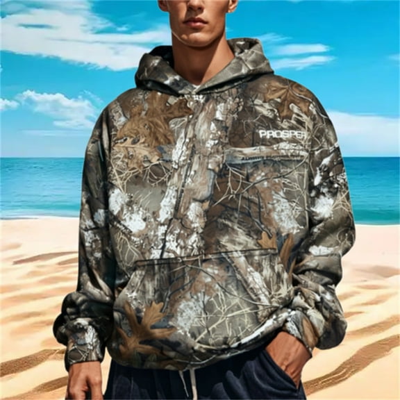 Camo Hoodies for Men Oversized Sweatshirt Hooded Long Sleeve Casual Tops Pullover Sweater with Pocket Khaki L