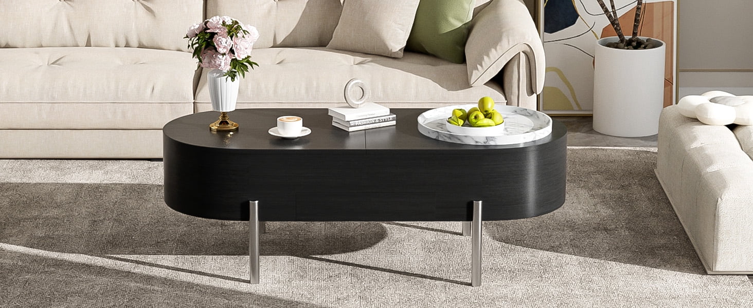 Euroco 47.2''Lift Top Coffee Table with 360-degree Marble-patterned rotating tray,Hidden Compartment, Partially Assembled Wooden Center Table, Modern Oval Lift Tabletop