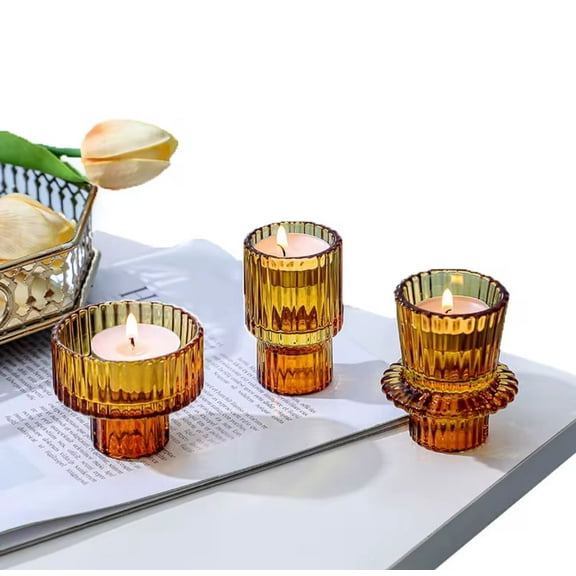 Vintage Amber Glass Tealight Holders, Set of 3, Ribbed Design, Wedding and Dinner Party Decor