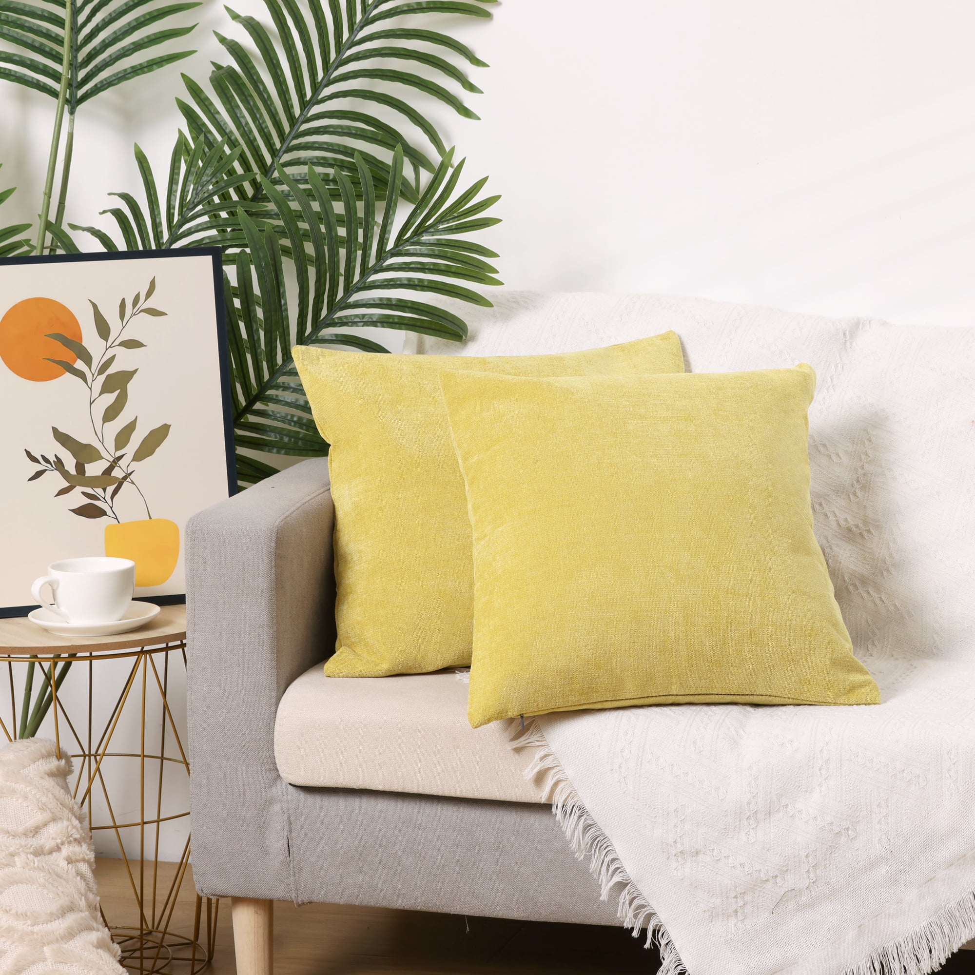 Unique Bargains Solid Couch Sofa Chenille Throw Decorative Pillow Covers (2 Count) Yellow 20" x 20"