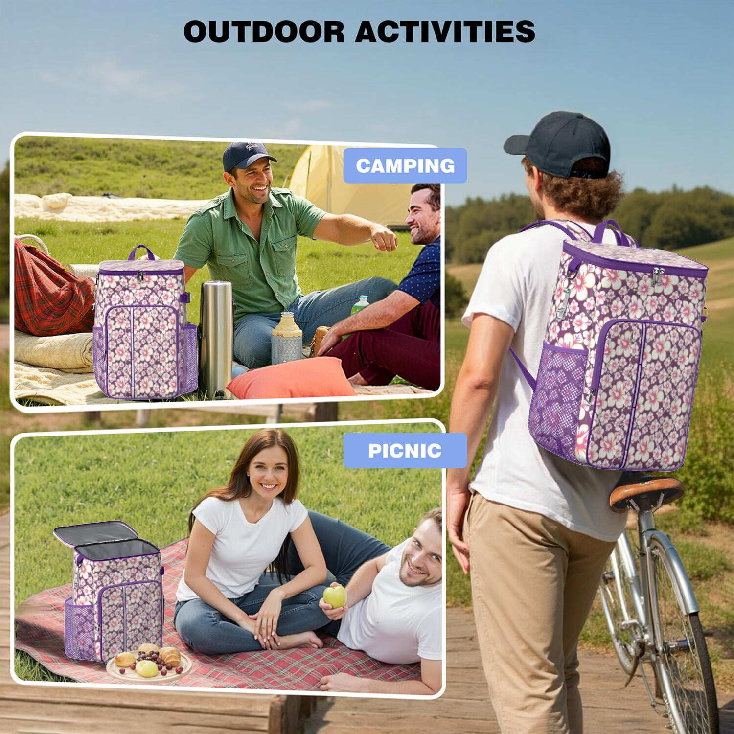 Travel Cooler Bag - Pioneer Flower Floral Print Pattern Camping Beer Cooler Backpack with Bottle Opener- Waterproof Insulated Picnic Backpacks - Cooler Bag for Beach