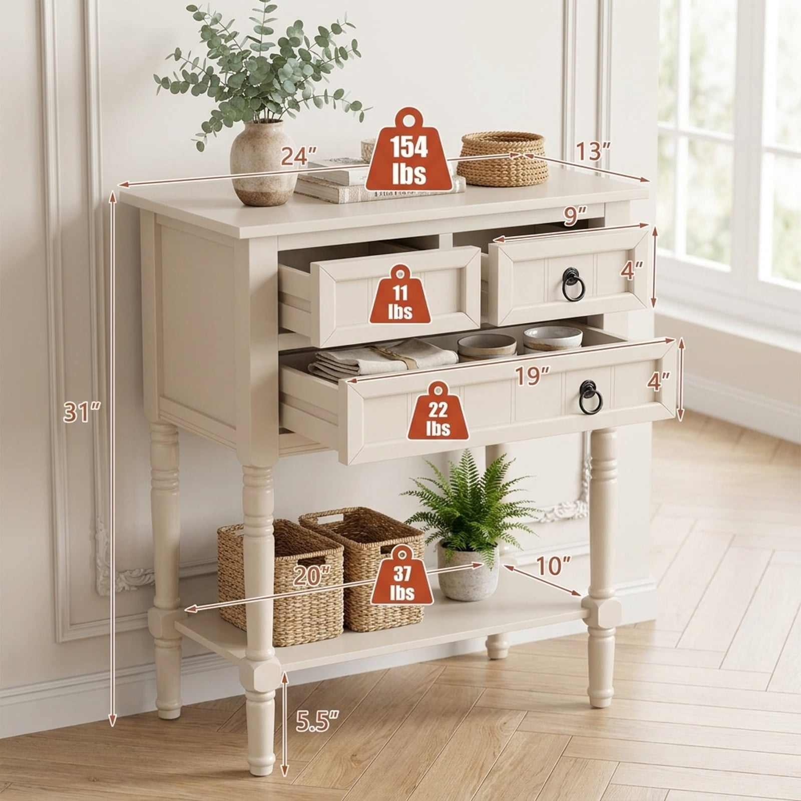 Furnibear Narrow Console Table with 3 Storage Drawers Open Bottom Shelf and Solid Wood Legs for Entryway Hallway and Living Room, Beige