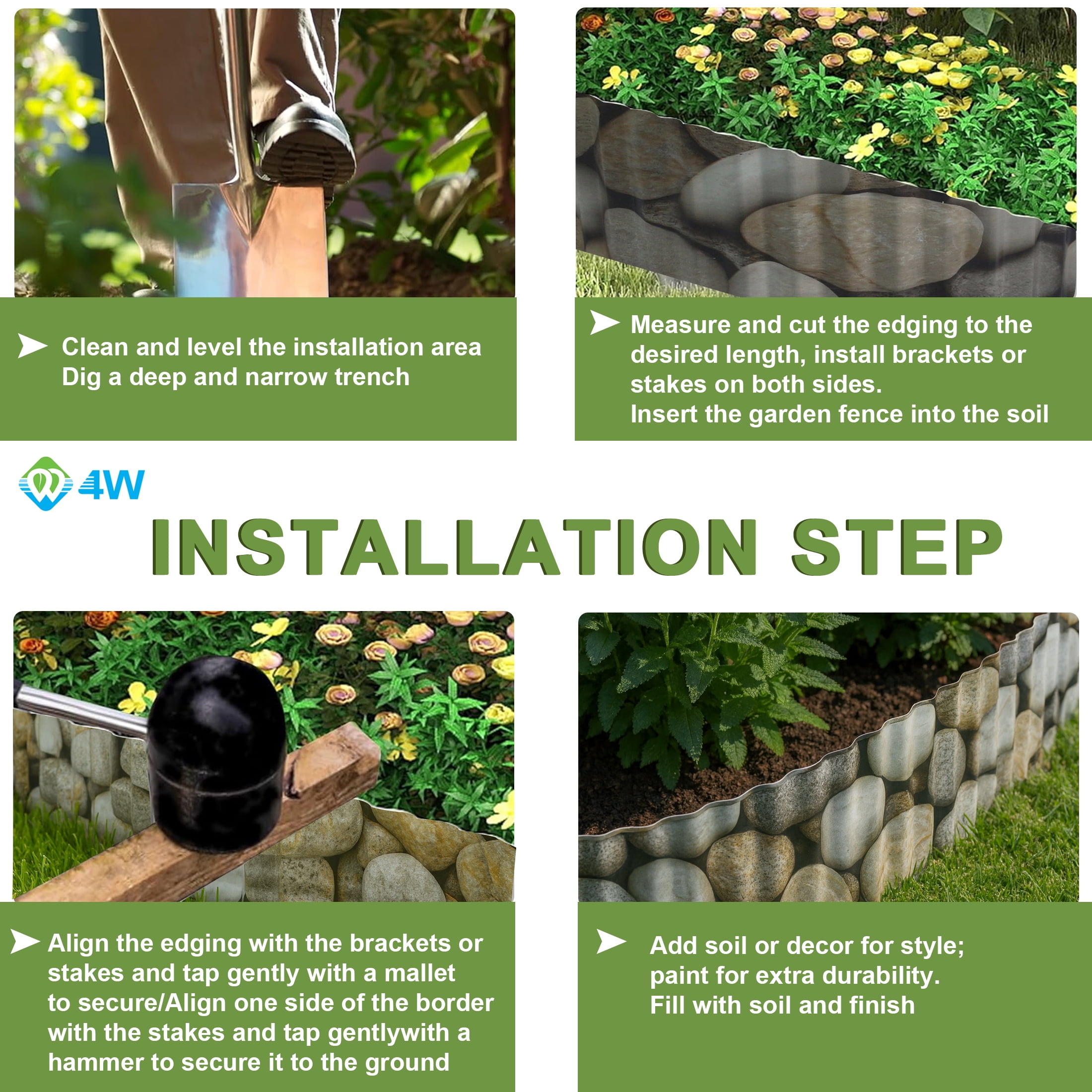 4W Double-Sided Pebble Print Galvanized Steel Garden Edging, 10" x 10.5' Flexible Corrugated Landscape Border for Flower Beds, Lawns, and Tree Rings