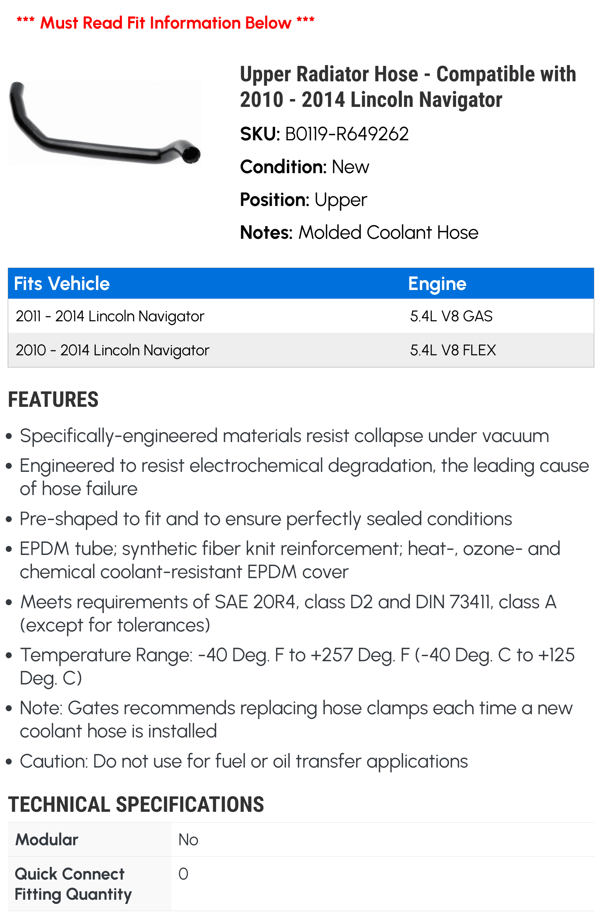Upper Radiator Hose - Compatible with 2010 - 2014 Lincoln Navigator - Gates
