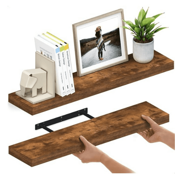 Floating Shelves for Wall, 36" Wood Wall Shelf Set of 2, with Invisible Brackets for Bathroom, Living Room, Bedroom, Kitchen, Nursery, 8" Deep, Rustic Brown