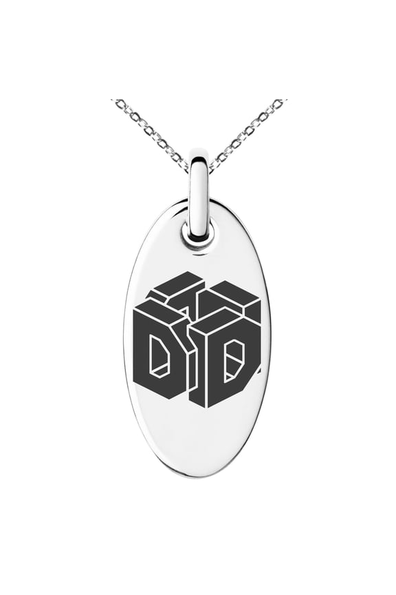 Stainless Steel Letter D Initial 3D Cube Box Monogram Engraved Small Oval Charm Pendant Necklace