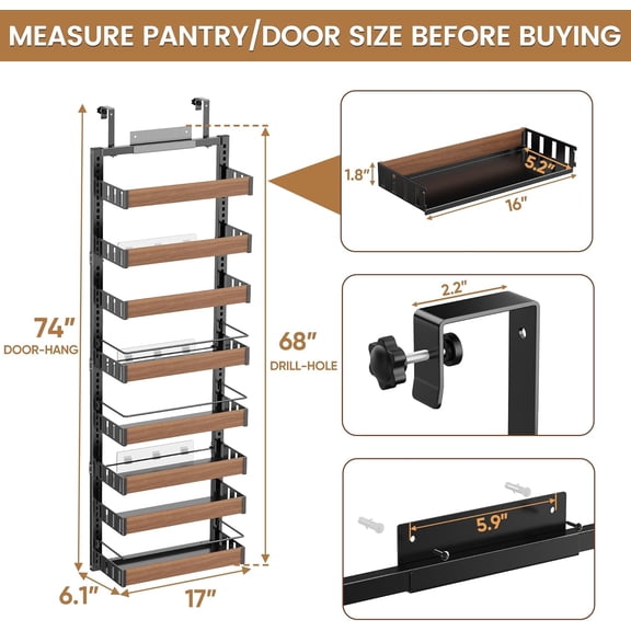 8 Tier Over The Door Pantry Organizer, 2 IN 1 Wall Mount or Hanging Spice Rack Seasoning Shelves with Adjustable Basket, Back of Door Organizer and Storage for Kitchen Cabinet and Room Closet