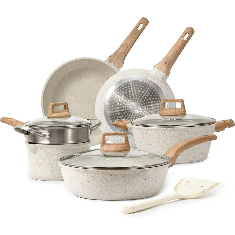 Carote Pots and Pans Set Nonstick, White Granite Induction Kitchen Cookware Sets, 11 Pcs Non Stick Cooking Set w/Frying Pans & Saucepans(PFOS, PFOA