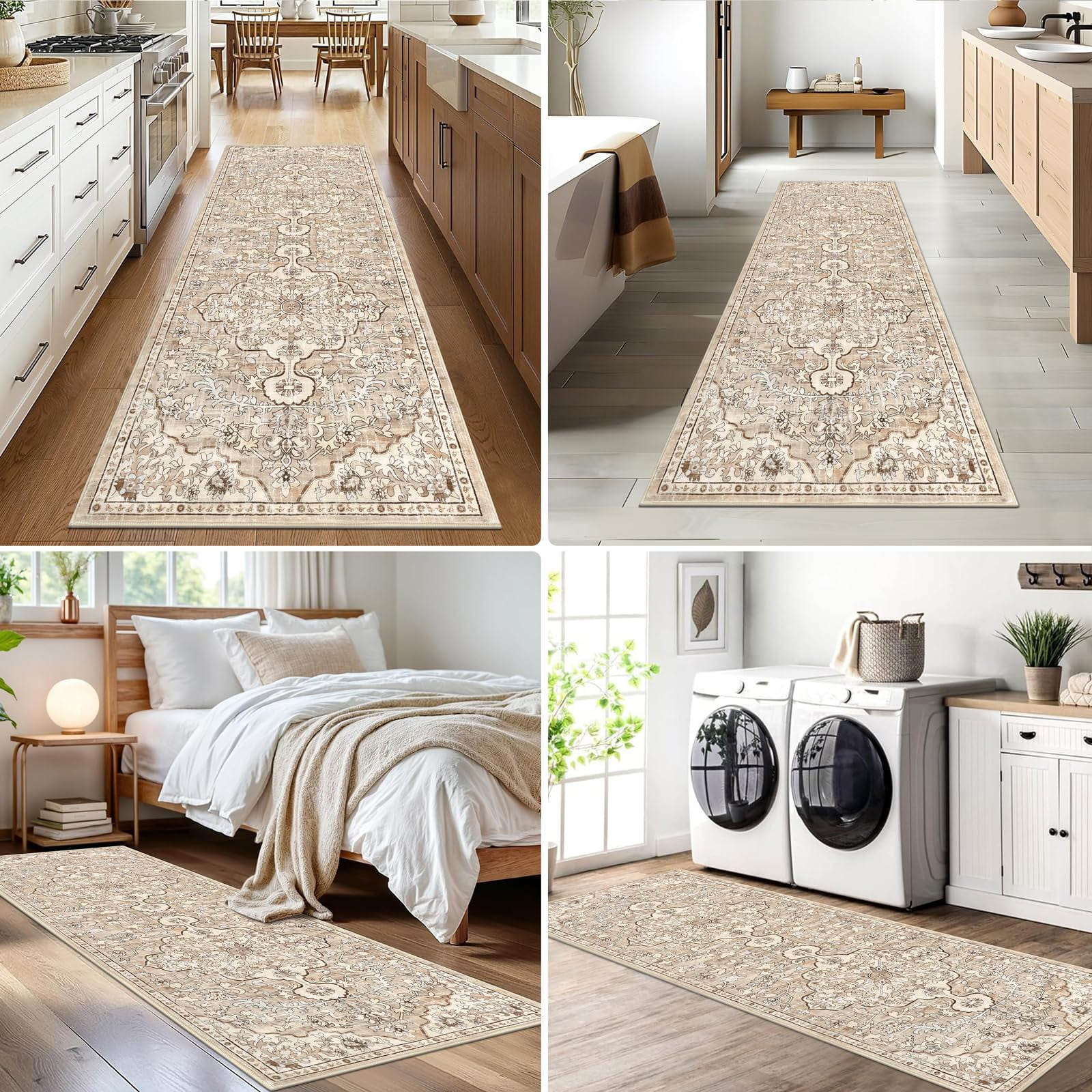 Findosom 2'x10' Vintage Runner Rug 0.4" Distressed Hallway Rug Non Slip Laundry Runner Rug Decor Rug Washable Runner Rug Kitchen Floor Mat Entryway Rug Runner for Laundry Kitchen Entryway,Beige