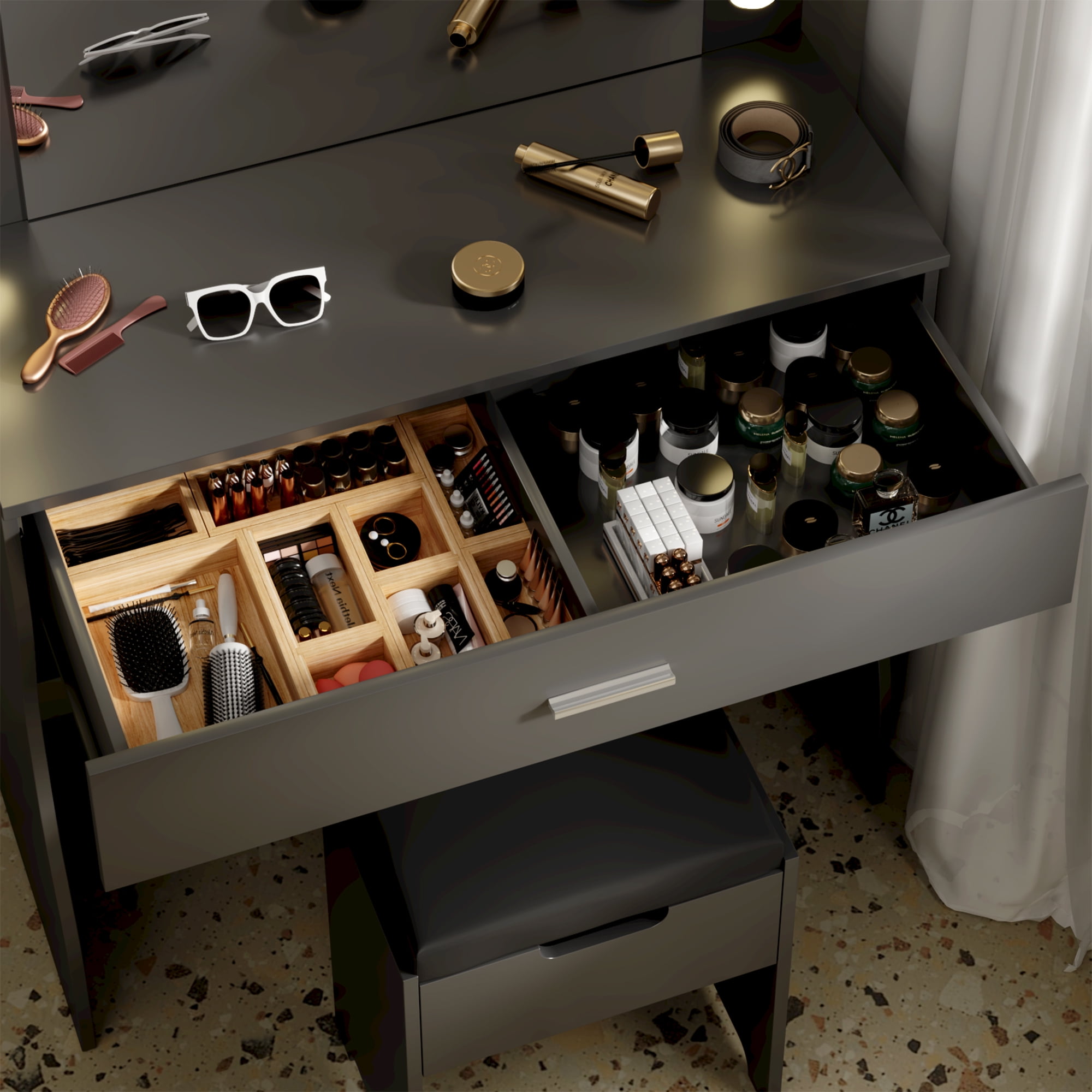 VEANERWOOD Modern Vanity Table with Lighted Mirror and Stool, Black Finish, for Bedroom