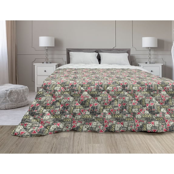 Love Down Alternative Comforter, Doodle Sketchy Hearts in Squares Romance Girls Design, Microfiber Quilt for All Season, 5 Sizes, Pink Blue Cream, by Ambesonne