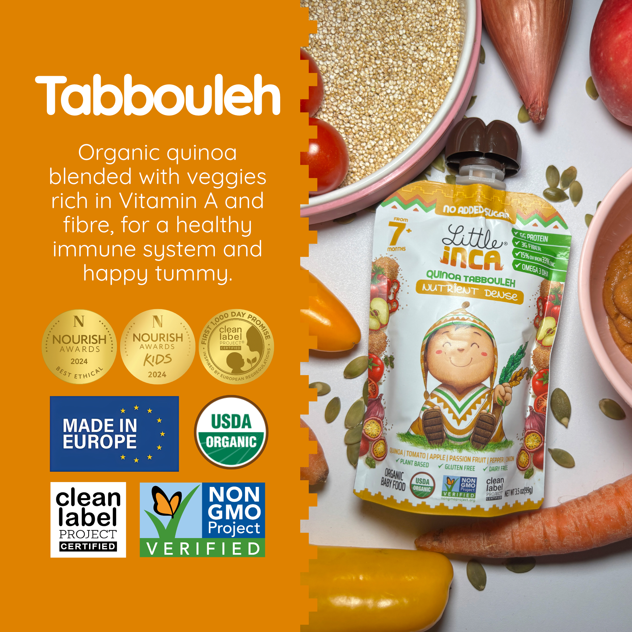 Little Inca Stage 2 Baby Food Pouches, Quinoa Tabbouleh Baby Puree, Plant Based High Protein, Dairy-Free, 6 x 3.5oz