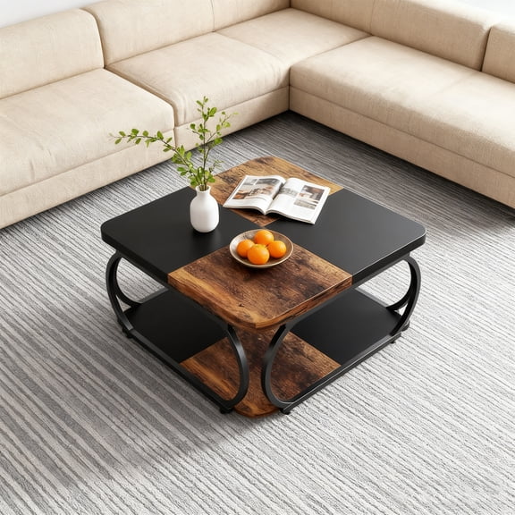 KIOOTTO 39” 2-Tier Square Coffee Table (Black/Rustic Brown): metal curved frame, 39”L×39”W low profile, top for decor, bottom shelf, durable easy-clean—modern farmhouse fit.