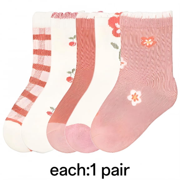 TELOLY 5Pairs Toddler Socks,Cotton Socks for 5-8 Years Old Toddler Girl Socks,Moderate Elastic Cuffs Kids Socks,Style2,L