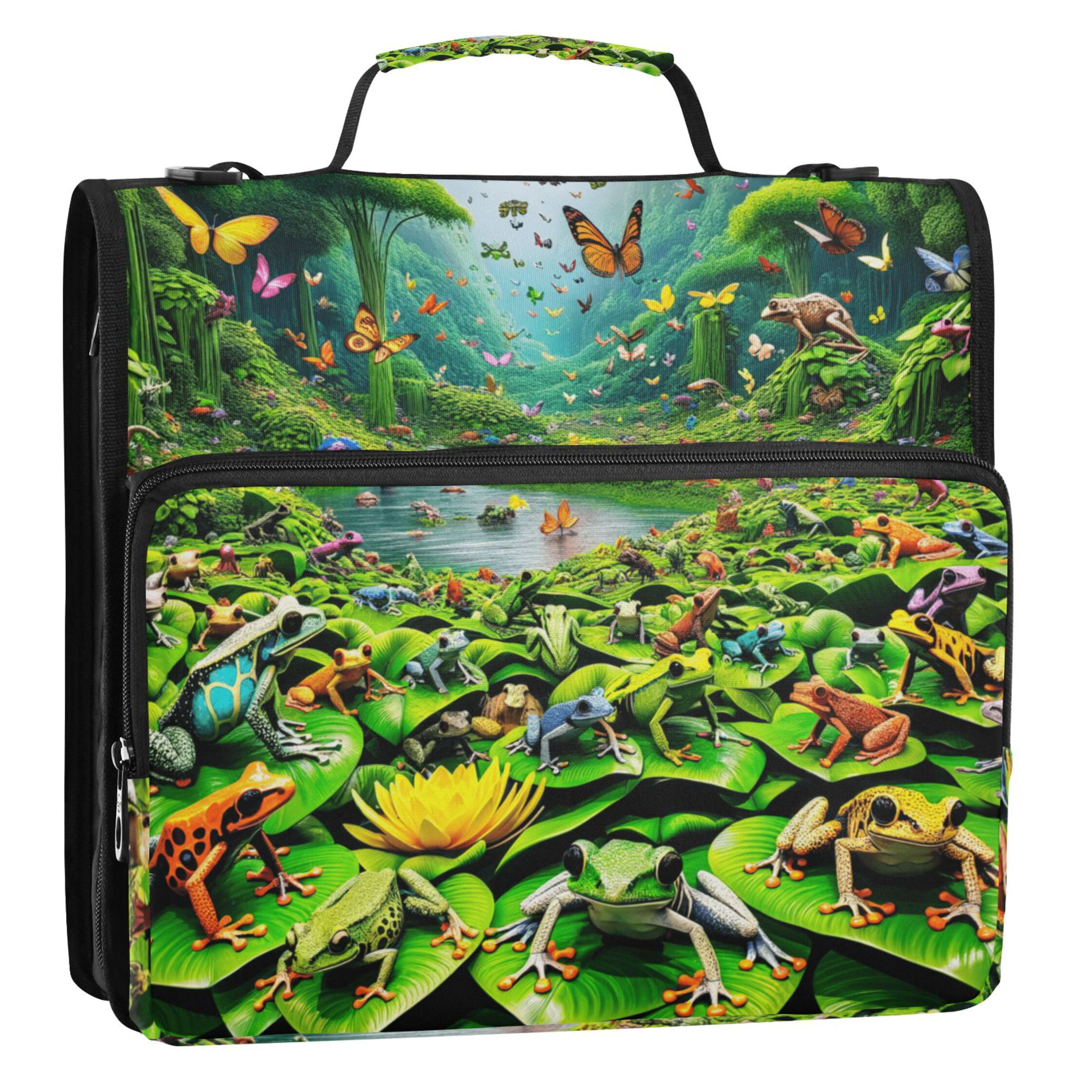3 Ring Zipper Binder with Shoulder Strap Waterproof Trapper Keeper 2 Inch D-Ring 500 Sheets Capacity Colorful Frogs and Butterflies