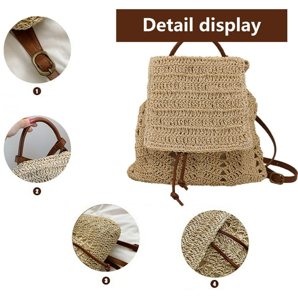 Mochila de paja para mujer, bolso de hombro con cordón, estilo