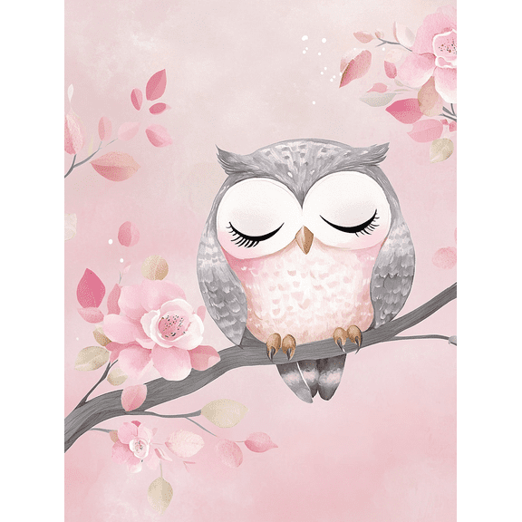 Cute Sleeping Owl Floral Canvas Print Wall Art, Suitable for Bedroom, Living Room, Nursery, Bathroom, and Office Decoration.