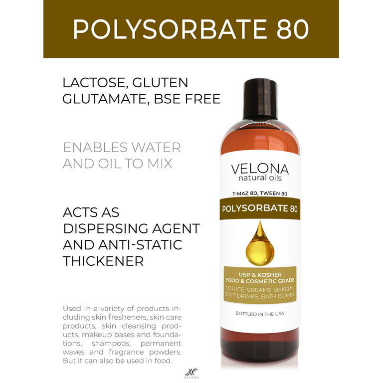 Polysorbate 80 by Velona - 4 oz | Solubilizer, Food & Cosmetic Grade | All Natural for Cooking, Skin Care and Bath Bombs, Sprays, Foam Maker | Use