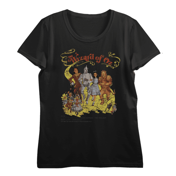 Wizard Of Oz Yellow Brick Road Vintage Shot Women's Black Crew Neck Short Sleeve Crop Tee-Large