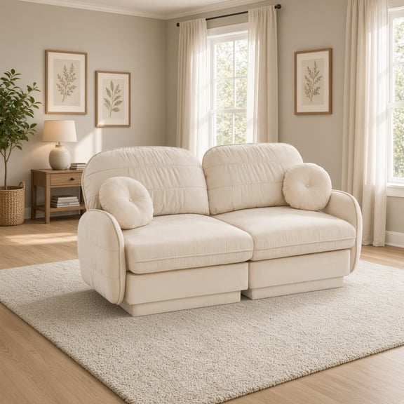 Chenille Cloud Loveseat Sofa with Round Pillows, Quilted Back Cushion, Deep Seat Couch with 2-Layer Frame & Recessed Legs for Living Room Apartment, Cream Beige