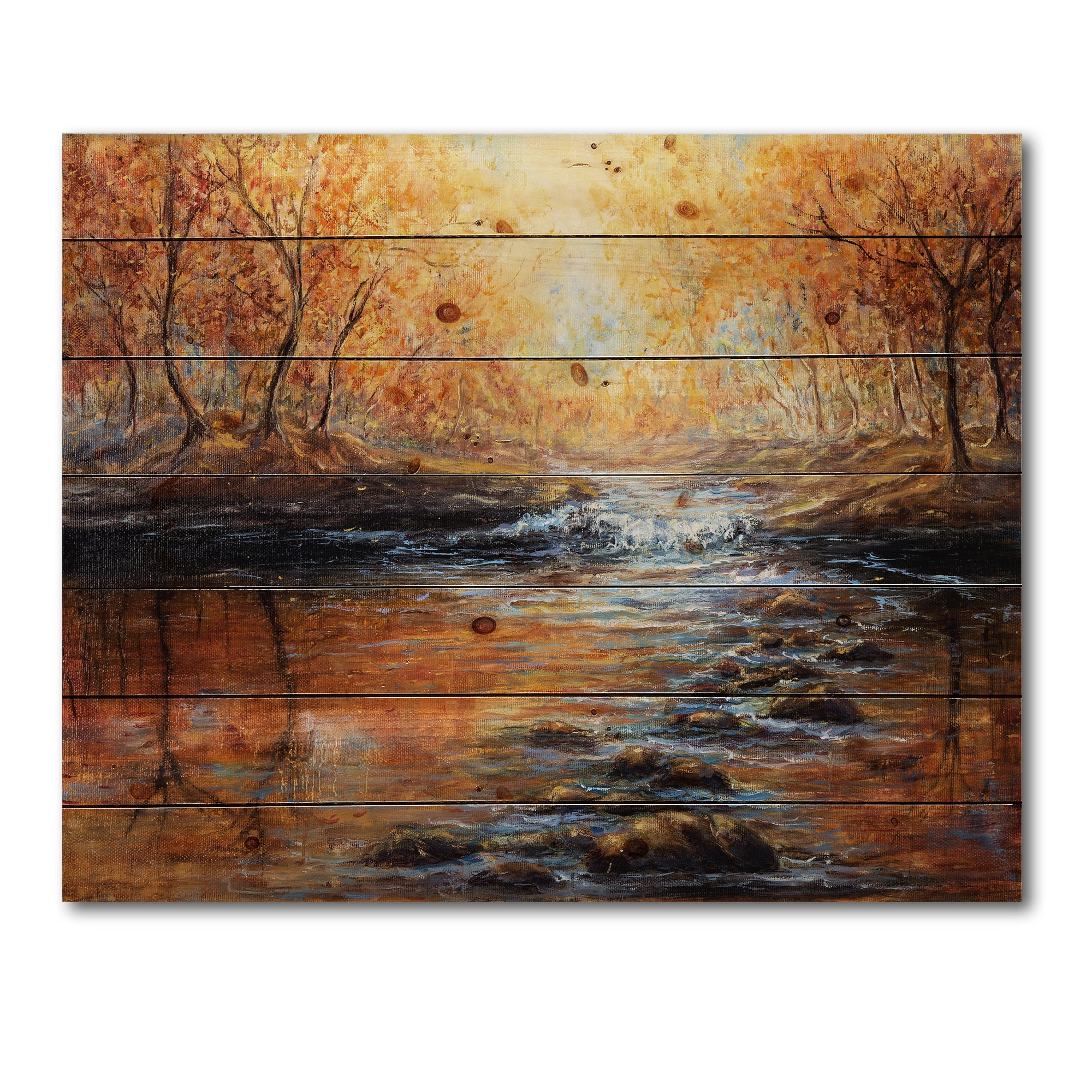Designart 'Sunrise Glow In The Autumn Forest' Lake House Print on Natural Pine Wood