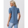 thumbnail image 4 of DARING DIVA Women's Denim Short Puff Sleeve Spread Collared Button Up Shirt L Light Blue, 4 of 6